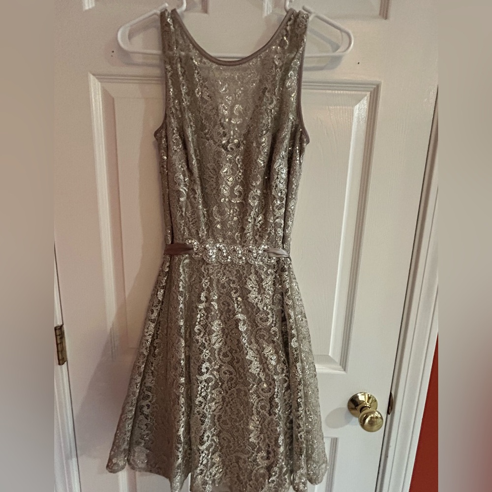 Betsy & Adam Champagne & Silver Lace Mini Dress